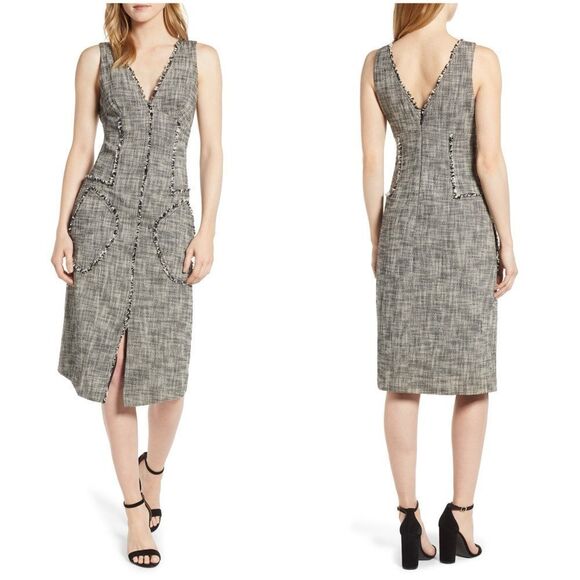 Rachel Roy Collection Raw Edge MIDI Tweed Dress Black White Size 0 - Picture 1 of 16